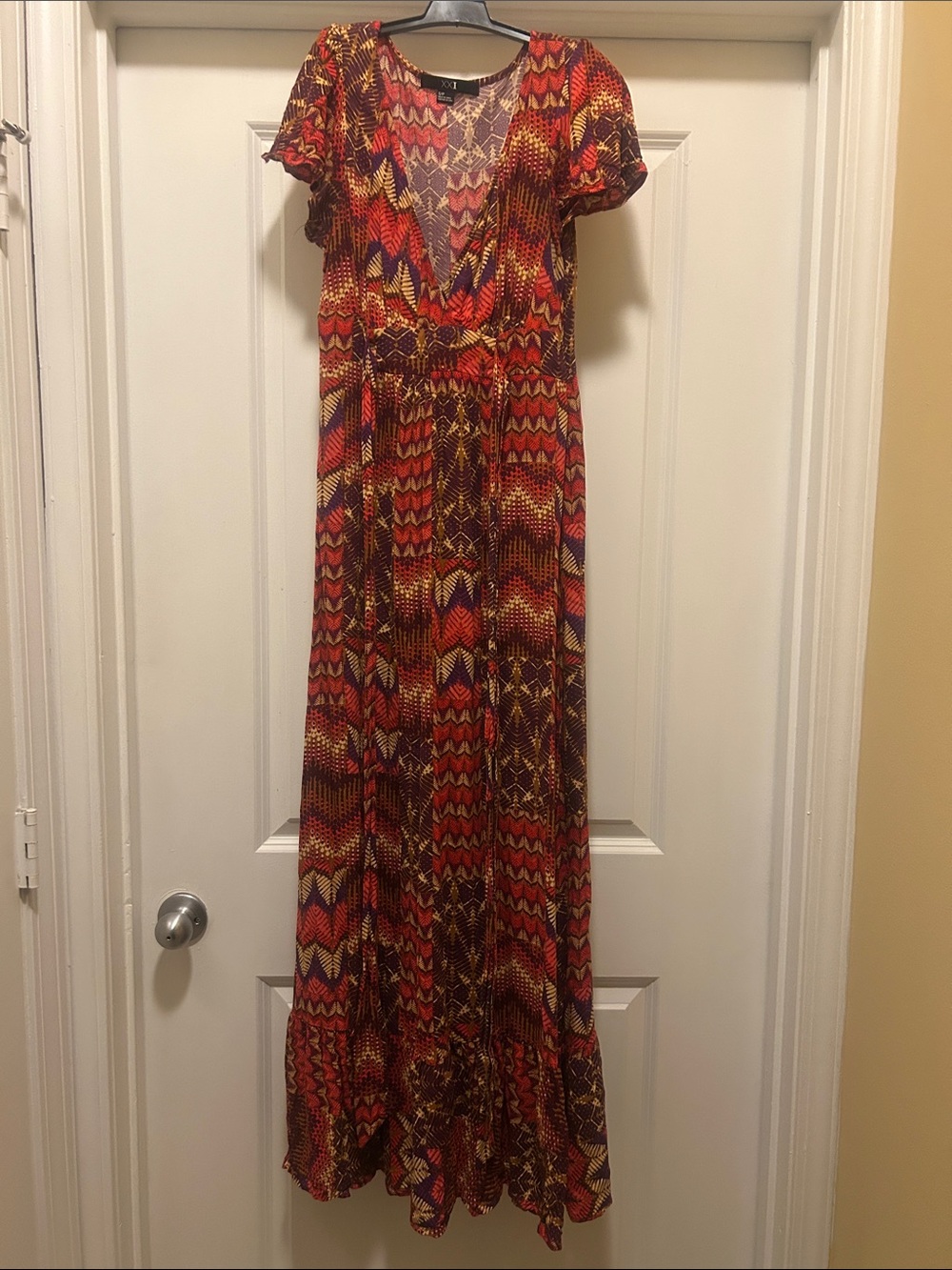 Women's Red Multi-Pattern Maxi Dress with V-Neck